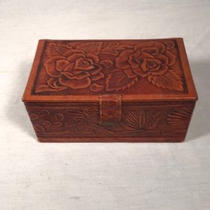Vintage hand tooled leather trinket jewelry box